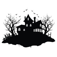 Vector art of spooky haunted house silhouette with bats and bare trees