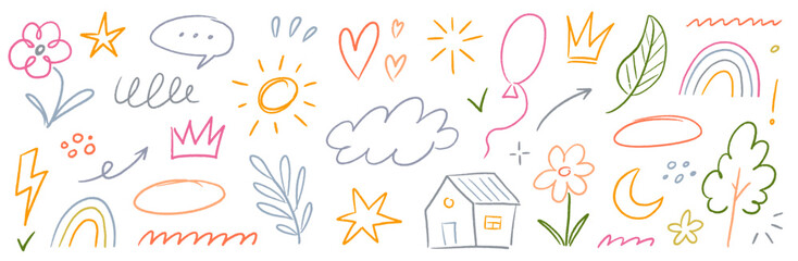 Crayon pencil kid chalk heart flower shape set. Hand drawn sketch colorful arrow, cloud, heart doodle element children crayon pencil icon. Kid chalk texture sketch style. Vector illustration