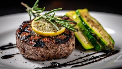 Grilled meat medallion, topped with lemon and rosemary, rests on a white plate alongside grilled zucchini, drizzled with a dark balsamic reduction