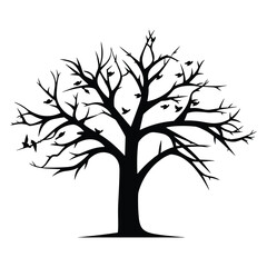 Fototapeta premium Vector art of bare tree silhouette with birds flying on white background