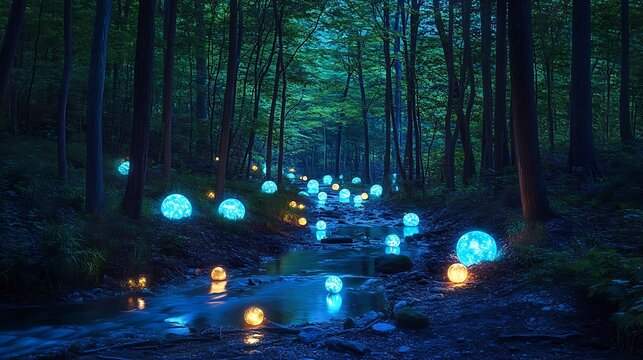 enchanted forest with glowing spheres illuminating serene night for magical woodland scene capturing mystery light tranquility wonder nature fantasy concept.