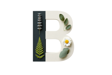 Decorative Letter B with Green Leaves Flowers and Botanical Elements on Black and White Background
