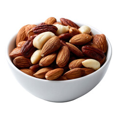 A white bowl filled with mixed nuts including almonds pecans and macadamia nuts isolated on transparent background