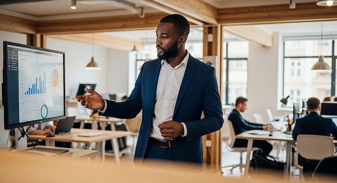 A confident businessman presents financial data on a large monitor to his team in a modern, open-plan .
