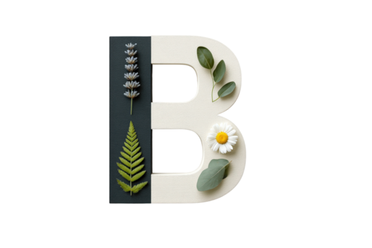 Decorative Letter B with Green Leaves Flowers and Botanical Elements on Black and White Background - Powered by Adobe