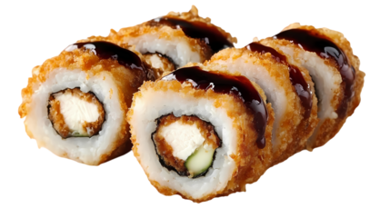 Close up of crispy fried chicken roll pieces with one piece cut open showing the white meat inside isolated on white background