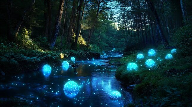 enchanted forest stream with mystical night atmosphere and glowing orbs for magical landscape scene evoking wonder light mystery nature fantasy dream concept.