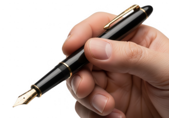 Hand holding a black fountain pen isolated on transparent background