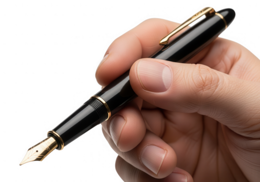 Hand holding a black fountain pen isolated on transparent background