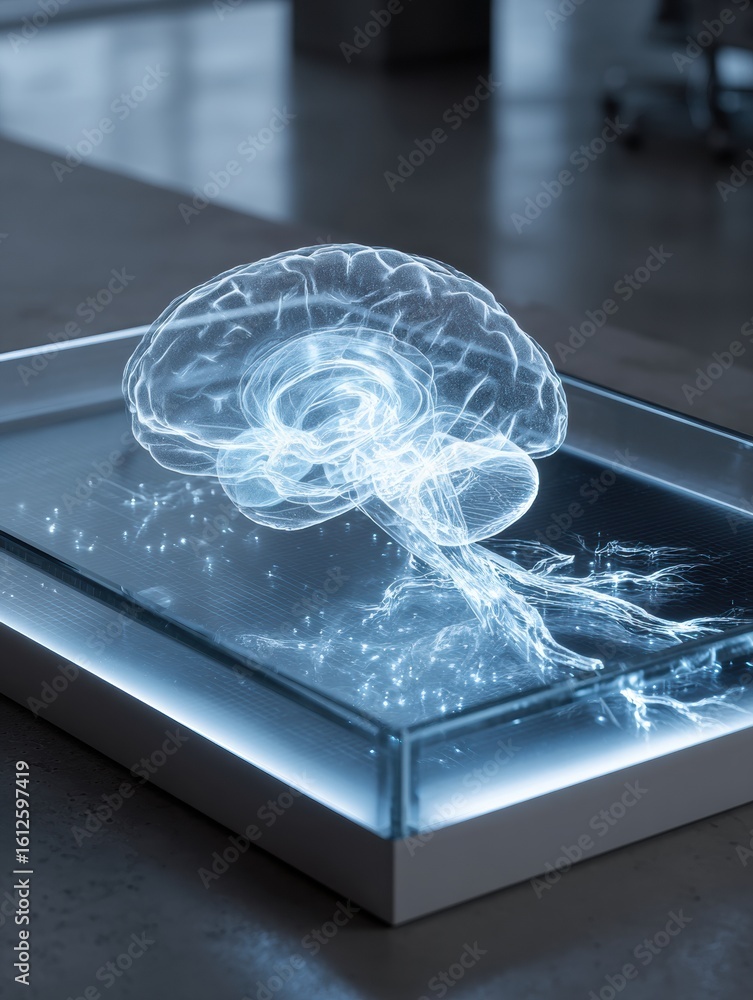 Poster holographic brain projection on clear table with clean side area during advanced technology demonstr