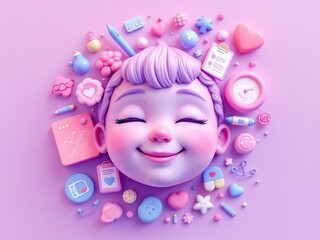 Fototapeta premium Dreamy Baby Face Surrounded by Medical and Educational Icons in Pastel Colors