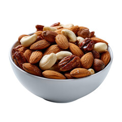 A white bowl filled with a variety of mixed nuts isolated on transparent background