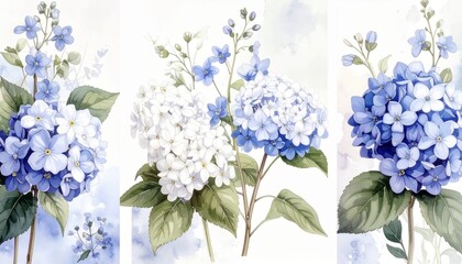 Fototapeta premium Watercolor floral elements for elegant designs featuring hydrangea, roses, and eucalyptus greenery