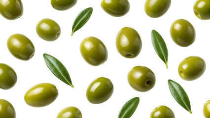 Green olives and leaves pattern isolated on transparent background