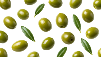 Green olives and leaves pattern isolated on transparent background