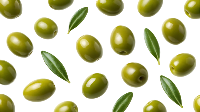Green olives and leaves pattern isolated on transparent background