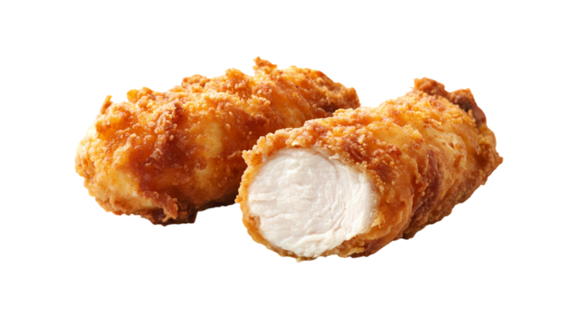 Close up of crispy fried chicken roll pieces with one piece cut open showing the white meat inside isolated on white background