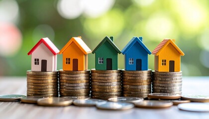 a Real Estate Investment Concept with Colorful Houses on Stacked Coins