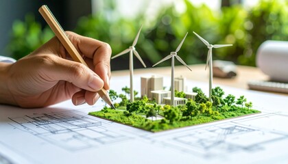 a Hand Drawing Sustainable Urban Model with Wind Turbines and Green Vegetation