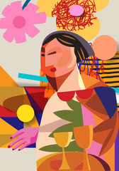 Abstract artistic poster women face portrait geometric, shape hand drawn vector illustration. Creative fashion and beauty female colorful art print.