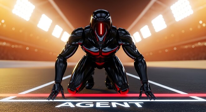 Futuristic agent athlete ready to sprint at stadium race for victory in a cutting-edge competition