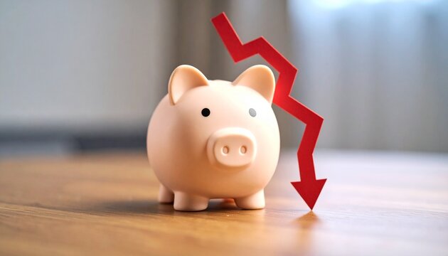 a Sad piggy bank and arrow down. Difficult economic situation. Expenditure of savings