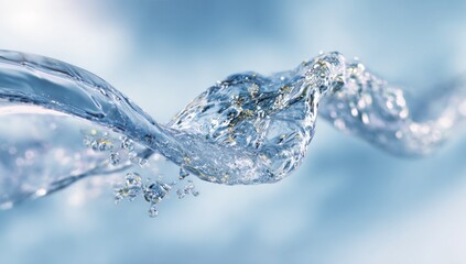 A dynamic close-up shows a swirling, translucent wave of water frozen mid-motion, its curves reflecting light. Tiny air bubbles add texture against a blurred, light blue and white background