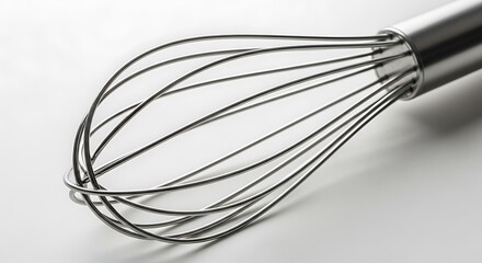 A close up of a stainless steel whisk showing the wire loops and handle on a white background surface