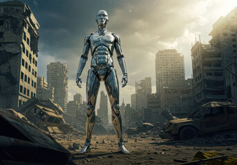 Fototapeta premium A Glistening Chrome Humanoid Robot Stands Amidst the Desolate Ruins of a Post-Apocalyptic City Under a Gloomy Sky with Sunlight Breaking Through