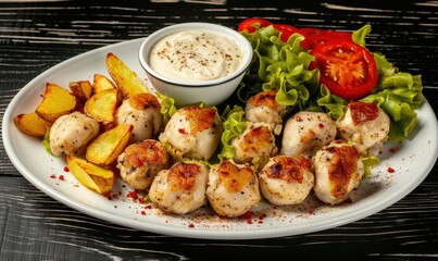 Chicken dish with potatoes creamy sauce tomato and lettuce on a white plate