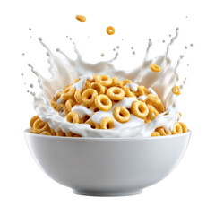 Crispy cereal rings splash in milk isolated on transparent background