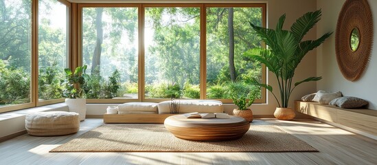 Sunlit living room with large windows, wooden furniture, and plants.