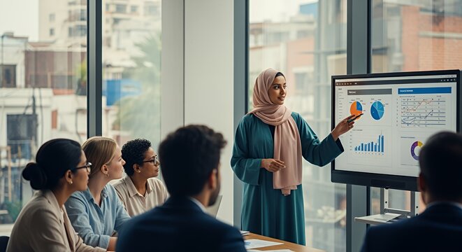 A woman in a headscarf confidently presents data visualizations on a large screen to a diverse group of attentive colleagues during a business meeting.