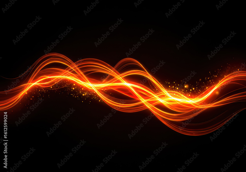 Aufkleber vibrant abstract flow of luminous orange and yellow wavy lines with sparkling particles on a dark ba