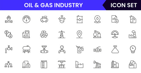 Oil and gas  industry vector line icons featuring drilling rigs, pipelines, fuel tanks, refineries, pumps, energy resources, barrels, and extraction equipment.