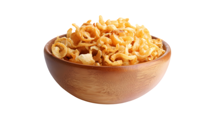 A wooden bowl filled to the brim with crispy fried onions isolated on white background