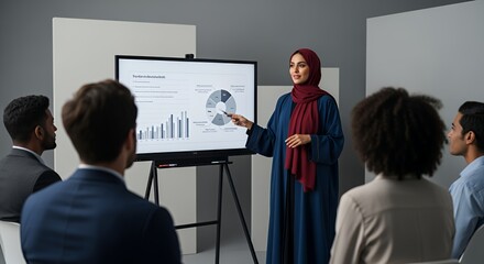 A woman in a hijab confidently presents a business presentation to a diverse group of colleagues using an interactive display.