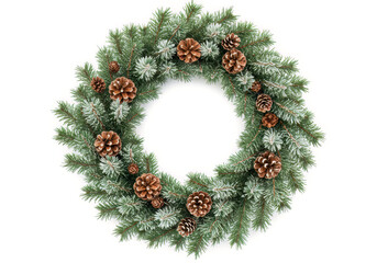 Traditional Festive Christmas Wreath with Frosted Pine Branches and Natural Brown Pinecones on a Pristine White Background