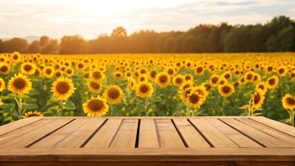 Blank wooden table beside sunflower field