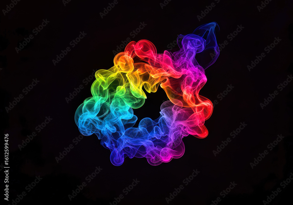 Poster vibrant spectral smoke art swirling and blending colors in an intricate abstract pattern on a deep b