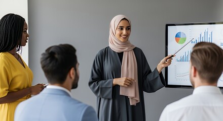 A confident businesswoman in a hijab presents a financial report to her diverse colleagues, showcasing data analysis and teamwork in a modern setting.