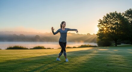 Woman practicing Tai Chi in a tranquil park at sunrise