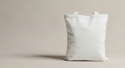 White Canvas Tote Bag Standing on Light Gray Surface in Minimalist Style