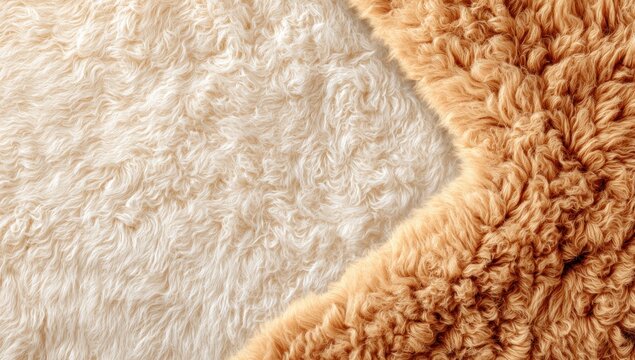 Close-up of two textured fabric swatches, one white/cream and the other light brown/tan, separated diagonally creating a visual divide between the contrasting tones and material piles