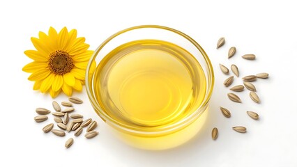 Sunflower oil in a glass bowl with seeds and flower