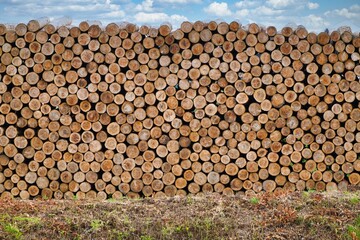 Yamagata, Japan - July 17, 2025: Piled sawn tree trunks or round trunks