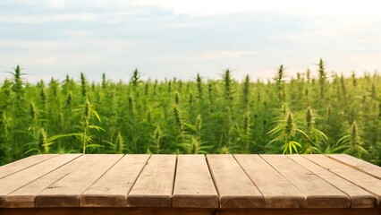 blank wooden table beside hemp field under a cloudy sky