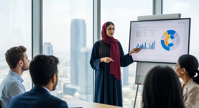 A businesswoman in a hijab confidently presents a financial report to her diverse team in a modern with a city view.