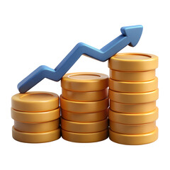 3D Render of Gold Coins Stacked with Blue Upward Arrow Financial Growth Concept on transparent background
