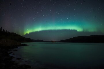 Northern lights on lake at night on coast of lake